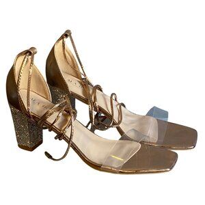 Lala Ikai Womens Rose Gold Square Toe Heels With Rhinestone Block Heel & Clear S